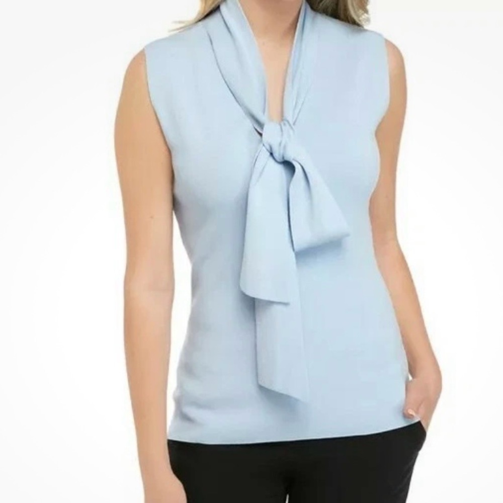 Donna Karan Tie Neck Sleeveless Sweater XL Blue NWT MSRP $225 Feminine Elegant